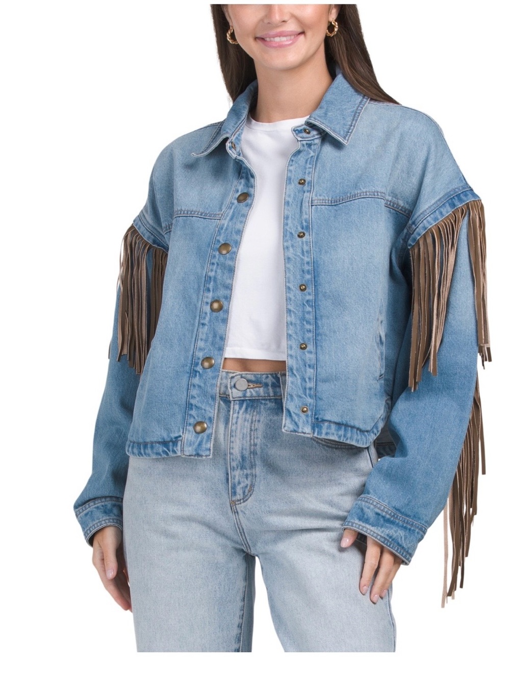 Blank NYC Light Blue Denim Jacket with Brown Fringe
